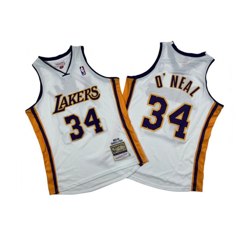 6864311b9ab34_1 Men's Los Angeles Lakers #34 Shaquille O'Neal White 2003-04 Throwback basketball Jersey