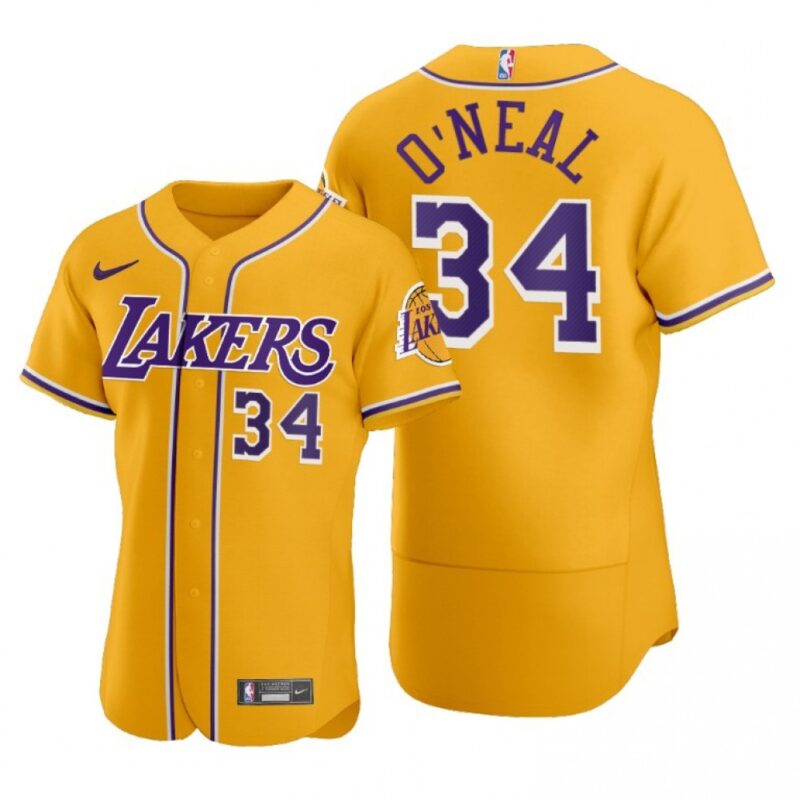 686431292cdb0_1 Men's Los Angeles Lakers #34 Shaquille O'Neal 2020 Gold NBA X MLB Crossover Edition Stitched Jersey