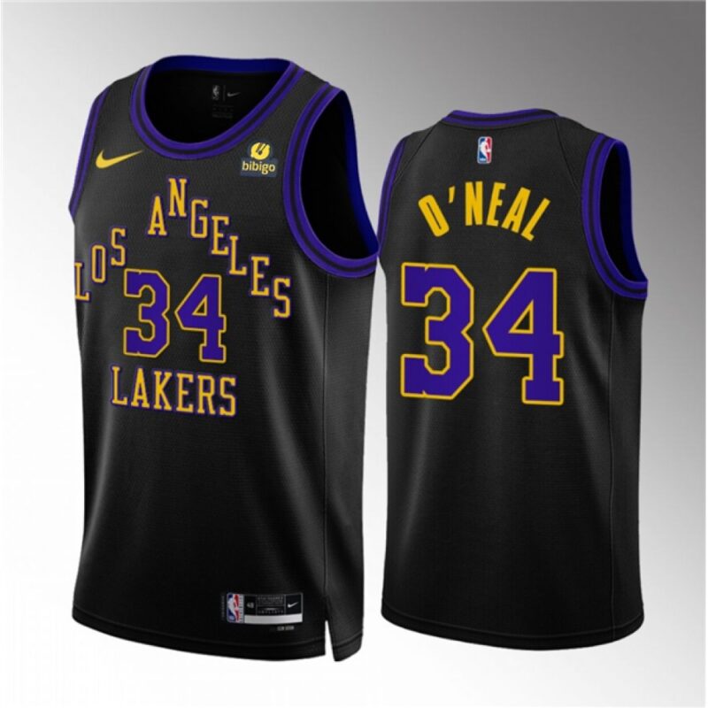 686431f240119_1 Men's Los Angeles Lakers #34 Shaquille O'Neal Black 2023/24 City Edition Stitched Basketball Jersey