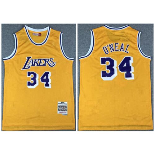 686431ffac8c1_1 Men's Los Angeles Lakers #34 Shaquille O'Neal Gold Throwback Stitched Jersey