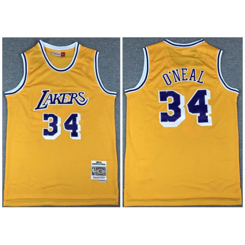 686431ffac8c1_1 Men's Los Angeles Lakers #34 Shaquille O'Neal Gold Throwback Stitched Jersey