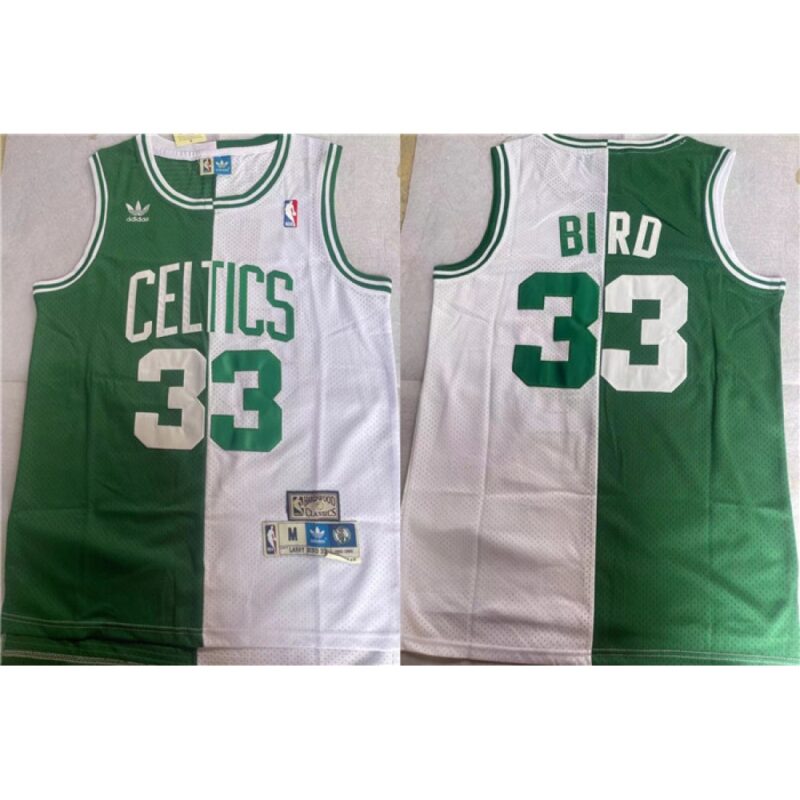 6864339f9af45_1 Men's Boston Celtics #33 Larry Bird White/Green Split Throwback Stitched Jersey