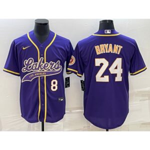 686441be0326c_1 Men's Los Angeles Lakers Front #8 Back #24 Kobe Bryant Purple Cool Base Stitched Baseball Jersey