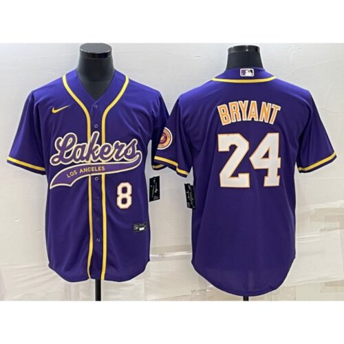 686441be0326c_1 Men's Los Angeles Lakers Front #8 Back #24 Kobe Bryant Purple Cool Base Stitched Baseball Jersey