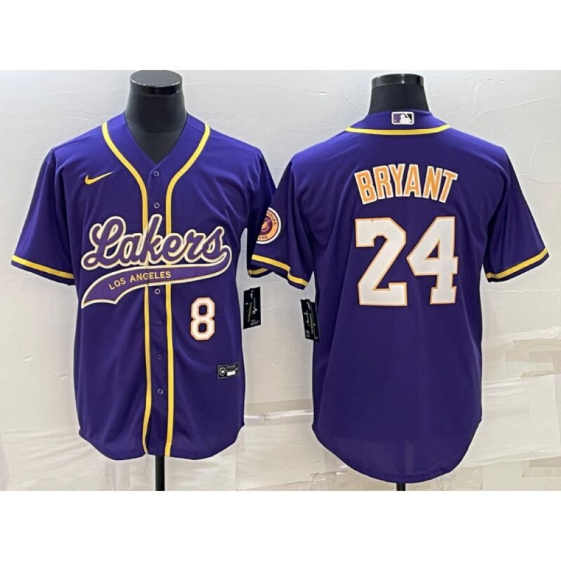 686441be0326c_1 Men's Los Angeles Lakers Front #8 Back #24 Kobe Bryant Purple Cool Base Stitched Baseball Jersey