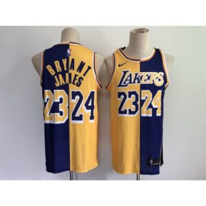 686441df71e33_1 Men's Los Angeles Lakers #23 LeBron James #24 Kobe Brant Purple Gold Split Special Stitched NBA Jersey