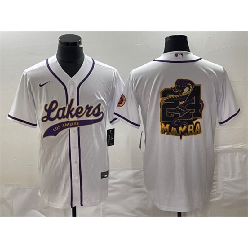 68644224dd6ec_1 Men's Los Angeles Lakers White #24 Mamba Big Logo Cool Base Stitched Baseball Jersey