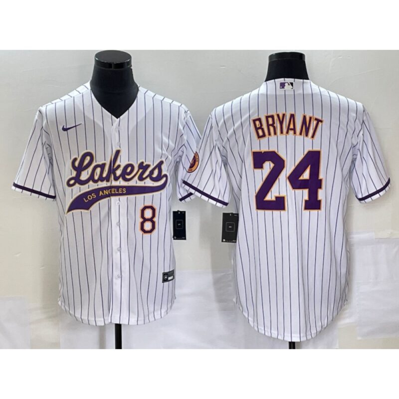 6864423193c4b_1 Men's Los Angeles Lakers Front #8 Back #24 Kobe Bryant White Cool Base With Patch Stitched Baseball Jersey