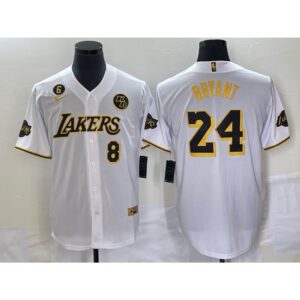 68644238dbb4c_1 Men's Los Angeles Lakers Front #8 Back #24 Kobe Bryant With NO.6 And KB Patch White Cool Base Stitched Baseball Jersey