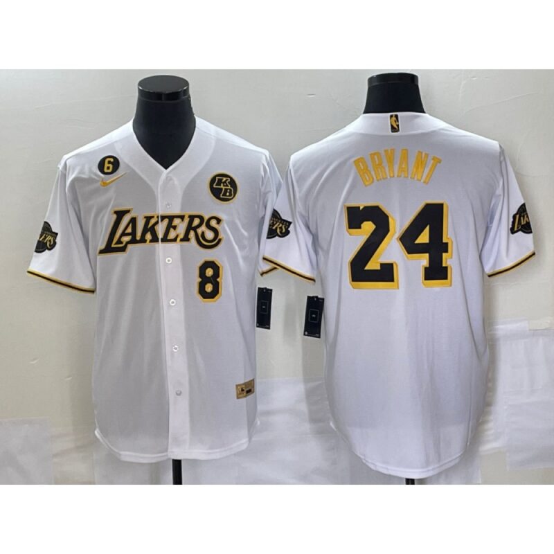 68644238dbb4c_1 Men's Los Angeles Lakers Front #8 Back #24 Kobe Bryant With NO.6 And KB Patch White Cool Base Stitched Baseball Jersey