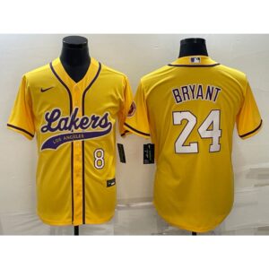 6864426707b7d_1 Men's Los Angeles Lakers Front #8 Back #24 Kobe Bryant Yellow Cool Base Stitched Baseball Jersey