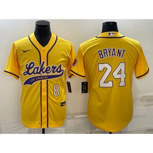 6864426707b7d_1 Men's Los Angeles Lakers Front #8 Back #24 Kobe Bryant Yellow Cool Base Stitched Baseball Jersey