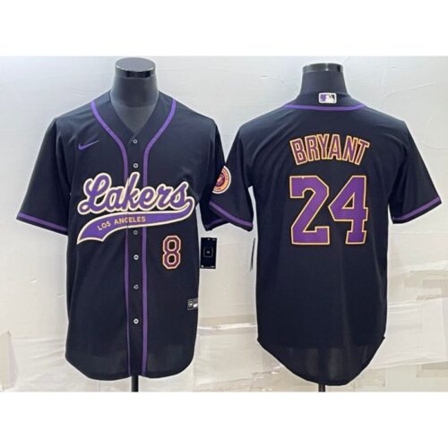 6864431552993_1 Men's Los Angeles Lakers Front #8 Back #24 Kobe Bryant Black Cool Base Stitched Baseball Jersey