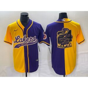 686443898ebd1_1 Men's Los Angeles Lakers Gold/Purple Split #24 Mamba Big Logo Cool Base Stitched Baseball Jersey