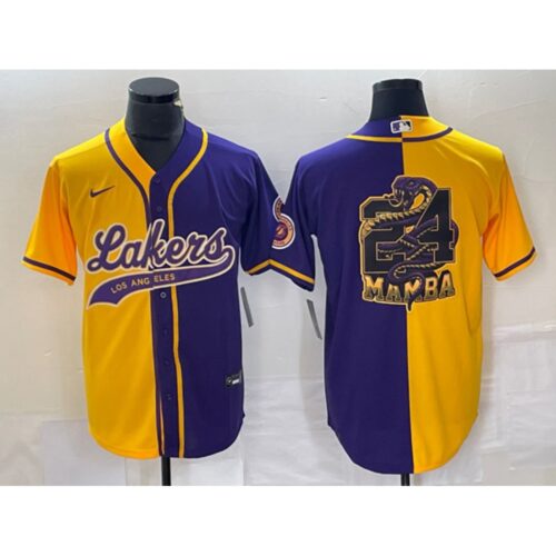 686443898ebd1_1 Men's Los Angeles Lakers Gold/Purple Split #24 Mamba Big Logo Cool Base Stitched Baseball Jersey