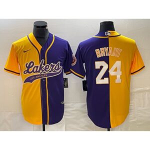 6864438d713ce_1 Men's Los Angeles Lakers Front #8 Back #24 Kobe Bryant Gold/Purple Split Cool Base Stitched Baseball Jersey