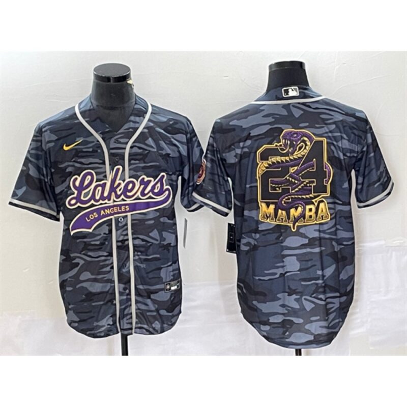 6864439d497b7_1 Men's Los Angeles Lakers Gray Camo #24 Mamba Big Logo Cool Base Stitched Baseball Jersey
