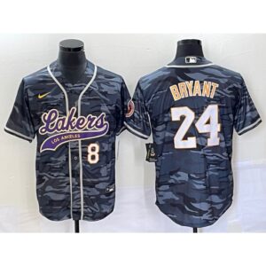 686443a891631_1 Men's Los Angeles Lakers Front #8 Back #24 Kobe Bryant Gray Camo Cool Base With Patch Stitched Baseball Jersey