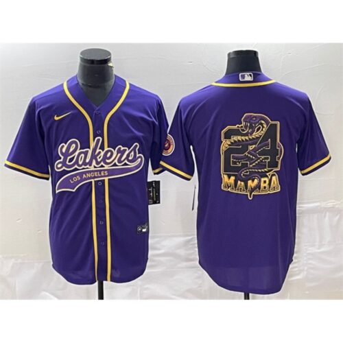 686443e8f4185_1 Men's Los Angeles Lakers Purple #24 Mamba Big Logo Cool Base Stitched Baseball Jersey