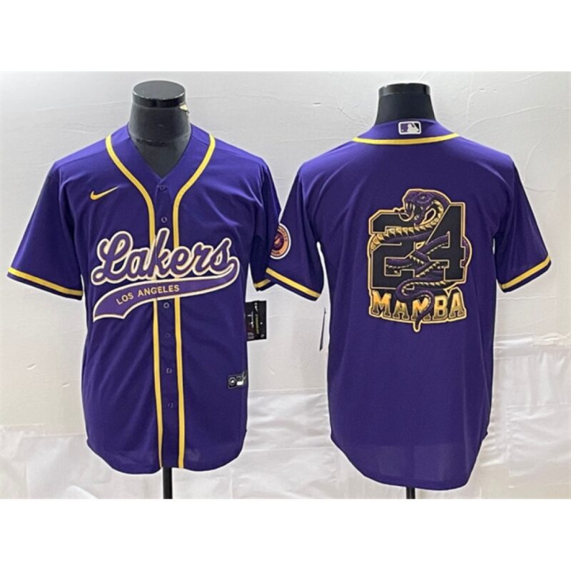 686443e8f4185_1 Men's Los Angeles Lakers Purple #24 Mamba Big Logo Cool Base Stitched Baseball Jersey