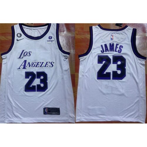 6864473563621_1 Men's Los Angeles Lakers #23 LeBron James 2022/23 White With NO.6 Patch Stitched Basketball Jersey