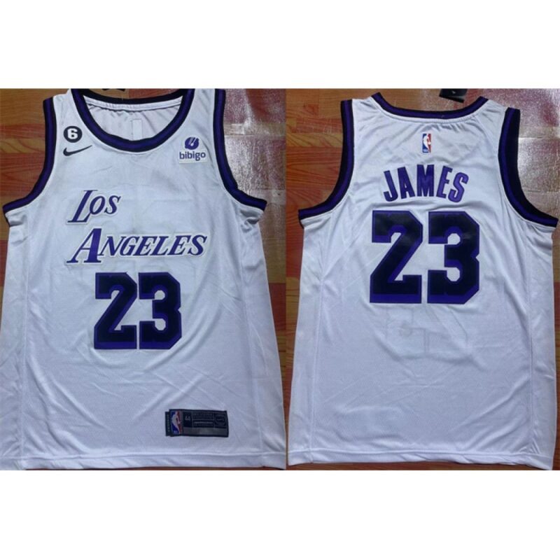 6864473563621_1 Men's Los Angeles Lakers #23 LeBron James 2022/23 White With NO.6 Patch Stitched Basketball Jersey