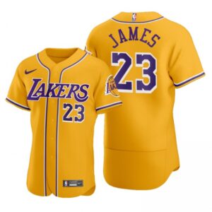 6864487722925_1 Men's Los Angeles Lakers #23 LeBron James 2020 Gold NBA X MLB Crossover Edition Stitched Jersey