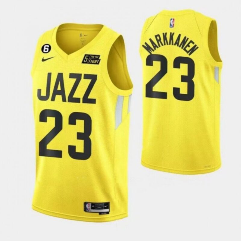 68644dda19250_1 Men's Utah Jazz #23 Lauri Elias Markkanen With No.6 Patch Yellow 2022/23 Association Edition Stitched Basketball Jersey