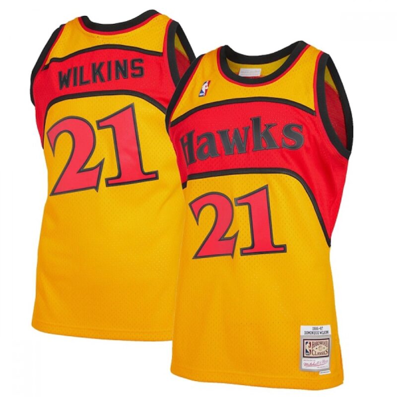 68645134902fb_1 Men's Atlanta Hawks #21 Dominique Wilkins Orange and Red 1986-87 Throwback Swingman Stitched Jersey
