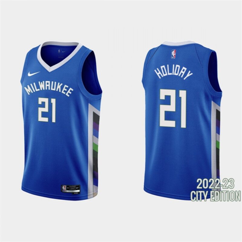686451ce77c86_1 Men's Milwaukee Bucks #21 Jrue Holiday 2022-23 Blue City Edition Stitched Basketball Jersey