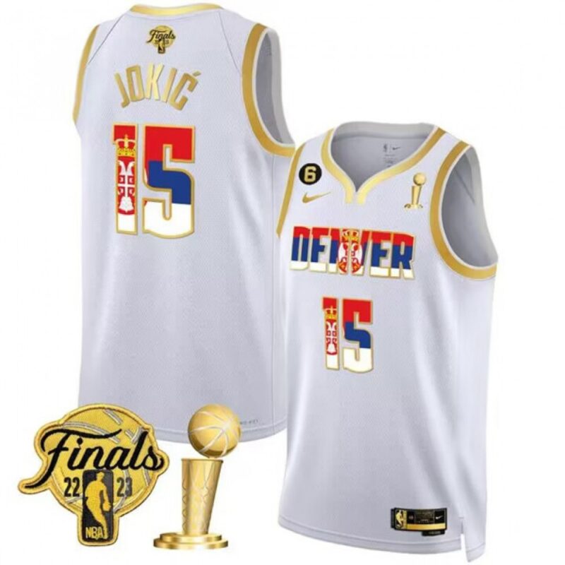 68645b0301886_1 Men's Denver Nuggets #15 Nikola Jokic 2023 White Gold Serbia Flag Finals Champions With NO.6 Patch Stitched Basketball Jersey