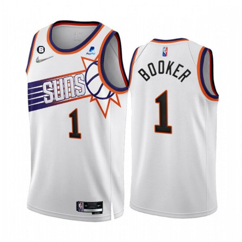 68646cbba23e7_1 Men's Phoenix Suns #1 Devin Booker 2022/23 White 75th Anniversary NO.6 Patch Association Edition Stitched Jersey