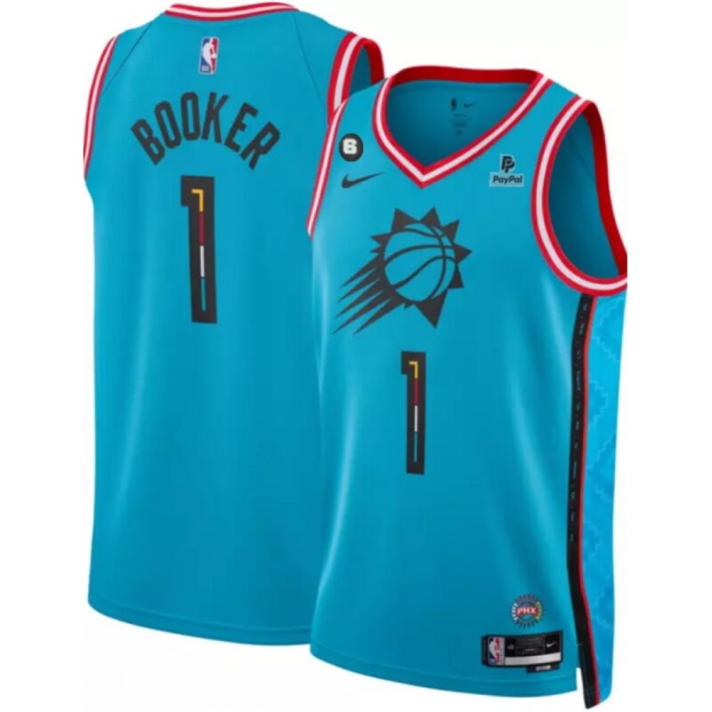 68646ccf74287_1 Men's Phoenix Suns #1 Devin Booker Blue 2022/23 City Edition With NO.6 And Payple Patch Stitched Basketball Jersey