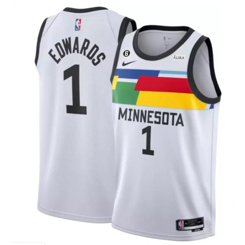 68646d061c45c_1 Men's Minnesota Timberwolves #1 Anthony Edwards White 2022/23 City Edition With NO.6 Patch Stitched Jersey