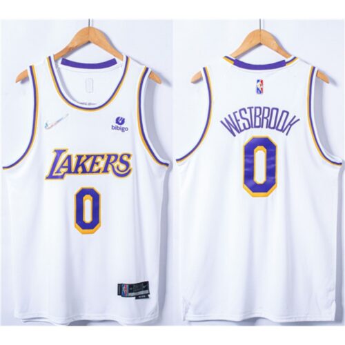 68646e3e1e779_1 Men's Los Angeles Lakers #0 Russell Westbrook 75th Anniversary "bibigo" White Stitched Basketball Jersey