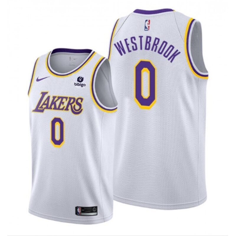 68646e427efae_1 Men's Los Angeles Lakers #0 Russell Westbrook "bibigo" White Stitched Basketball Jersey