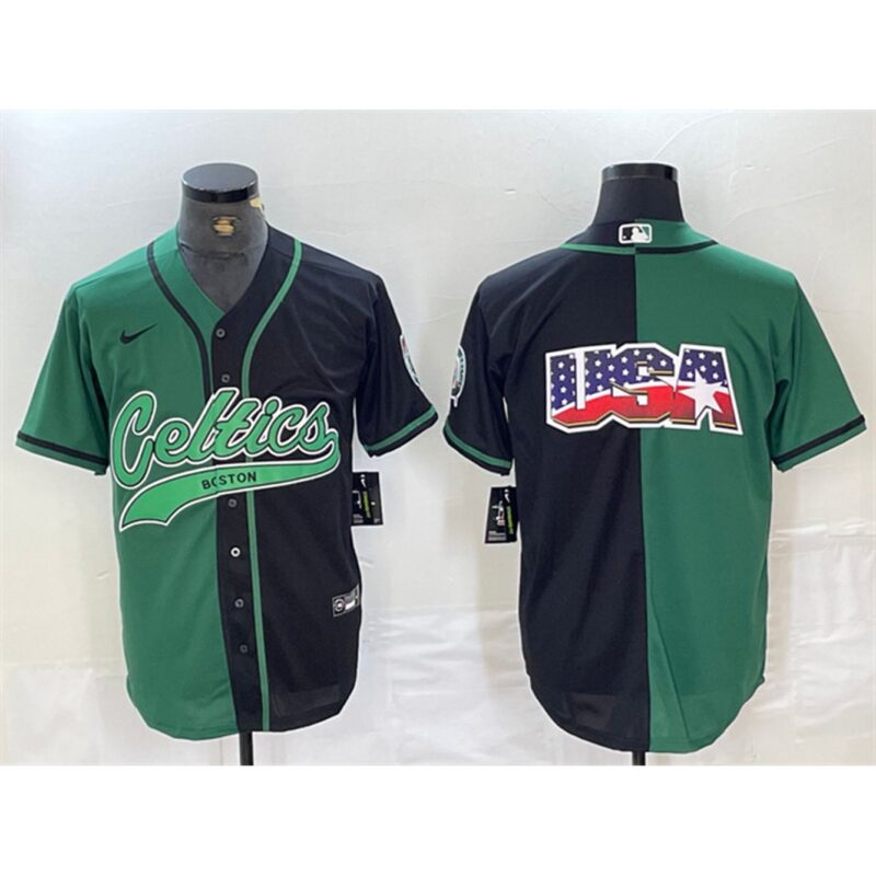 68647340e66fb_1 Men's Boston Celtics Team Big Logo With Patch Green/Black Split Stitched Baseball Jersey