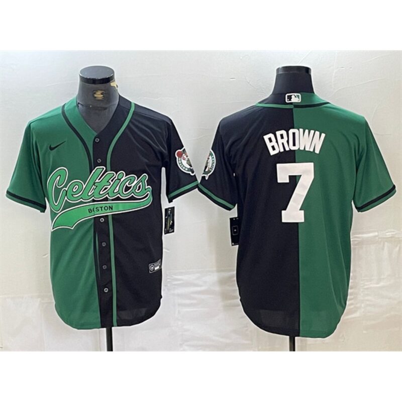 68647353e24ae_1 Men's Boston Celtics #7 Jaylen Brown Green/Black Split Stitched Baseball Jersey