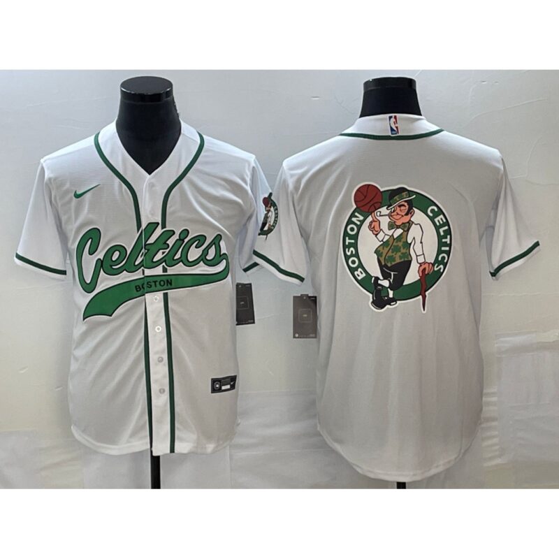 6864739460f18_1 Men's Boston Celtics White Team Big Logo With Patch Stitched Baseball Jersey