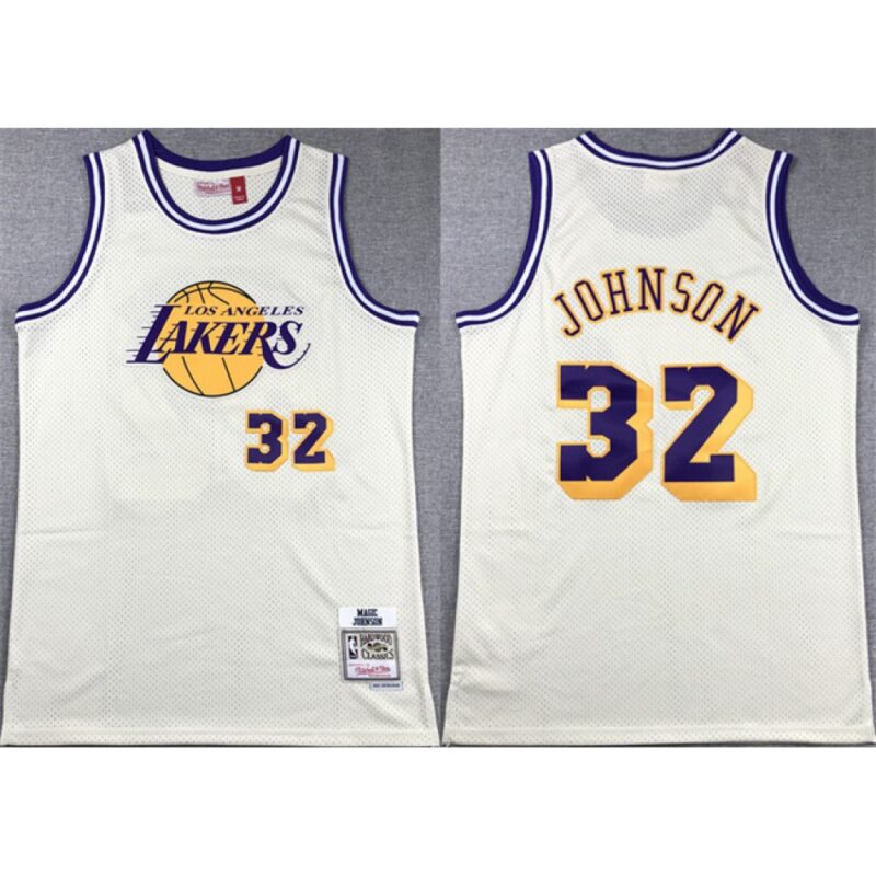6864760c90b65_1 Men's Los Angeles Lakers #32 Magic Johnson White Throwback basketball Jersey