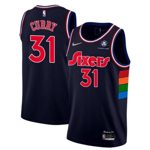 6864897032218_1 Men's Philadelphia 76ers #31 Seth Curry 2021/22 City Edition Navy 75th Anniversary Stitched Swingman Jersey