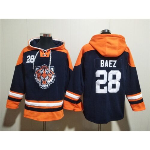 m1202401170256_1 Men's Detroit Tigers #28 Javier Baez Navy Lace-Up Pullover Hoodie