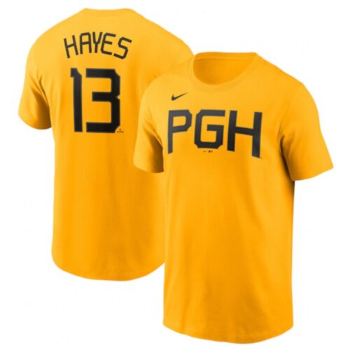 m1202401171480_1 Men's Pittsburgh Pirates #13 Ke'Bryan Hayes Gold 2023 City Connect Name & Number T-Shirt