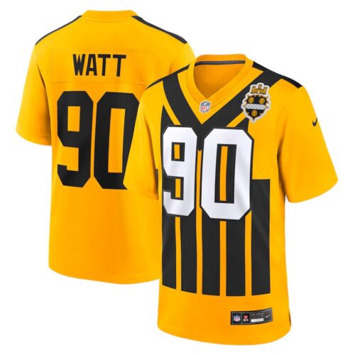 m202507240047_1 Youth Pittsburgh Steelers #90 T.J. Watt Nike Gold Alternate 1933 Throwback Game Jersey