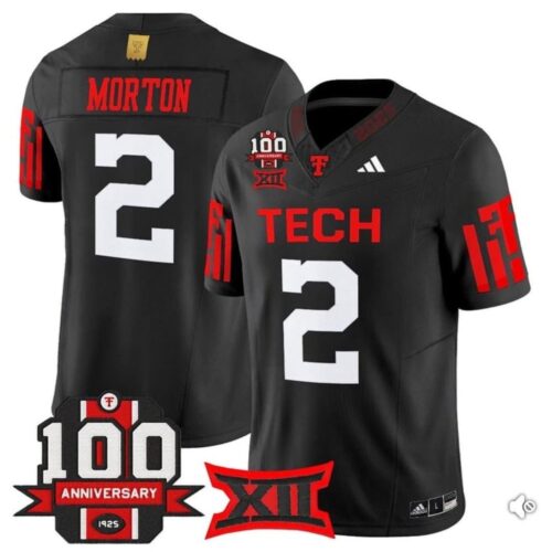m20250826001_1 Men's Texas Tech Red Raiders #2 Behren Morton Black Premier 100 Year Anniversary Football Jersey