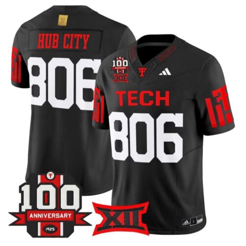 m20250826003_1 Men's Texas Tech Red Raiders #806 Hub City Black Premier 100 Year Anniversary Football Jersey