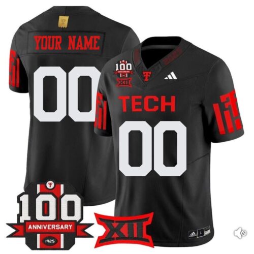 m20250826004_1 Men's Texas Tech Red Raiders Custom Black Premier 100 Year Anniversary Football Jersey