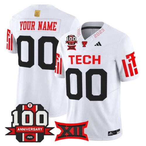 m20250826005_1 Men's Texas Tech Red Raiders Custom White Premier 100 Year Anniversary Football Jersey