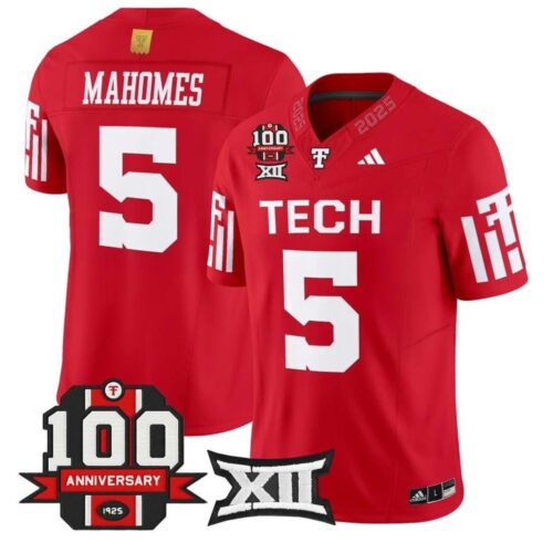 m20250826006_1 Men's Texas Tech Red Raiders #5 Patrick Mahomes Red Premier 100 Year Anniversary Football Jersey