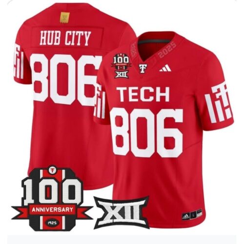 m20250826007_1 Men's Texas Tech Red Raiders #806 Hub City Red Premier 100 Year Anniversary Football Jersey